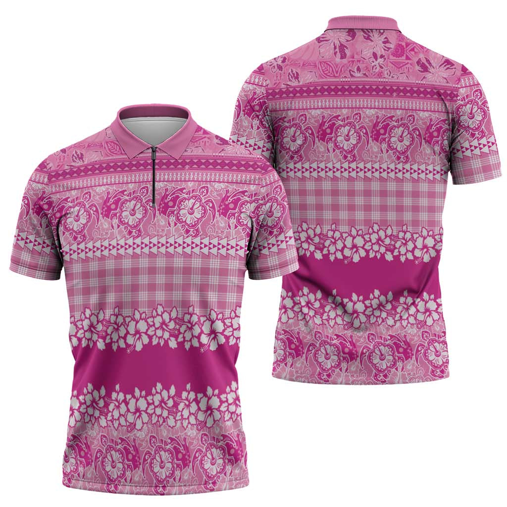 Hawaiian Hibiscus Honu Zipper Polo Shirt Pink Mele Kalikimaka Palaka Spirit - Polynesian Pride