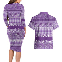 Hawaiian Hibiscus Honu Couples Matching Long Sleeve Bodycon Dress and Hawaiian Shirt Purple Mele Kalikimaka Palaka Spirit LT9 - Polynesian Pride
