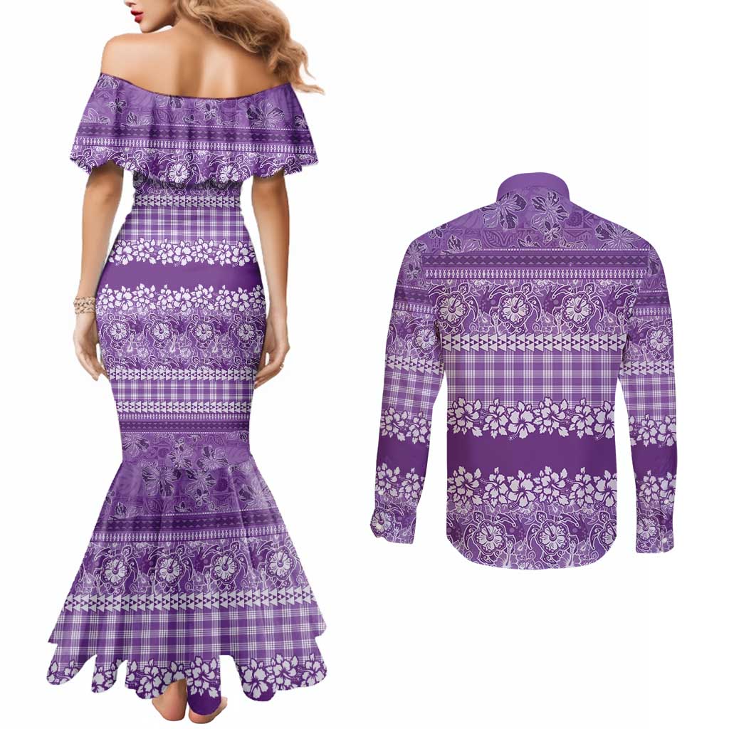 Hawaiian Hibiscus Honu Couples Matching Mermaid Dress and Long Sleeve Button Shirt Purple Mele Kalikimaka Palaka Spirit LT9 - Polynesian Pride
