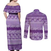 Hawaiian Hibiscus Honu Couples Matching Off Shoulder Maxi Dress and Long Sleeve Button Shirt Purple Mele Kalikimaka Palaka Spirit LT9 - Polynesian Pride