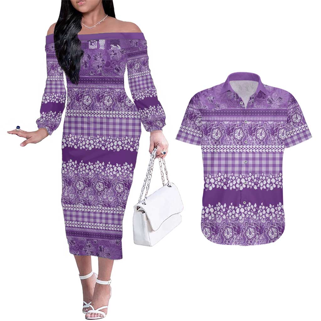 Hawaiian Hibiscus Honu Couples Matching Off The Shoulder Long Sleeve Dress and Hawaiian Shirt Purple Mele Kalikimaka Palaka Spirit LT9 Purple - Polynesian Pride