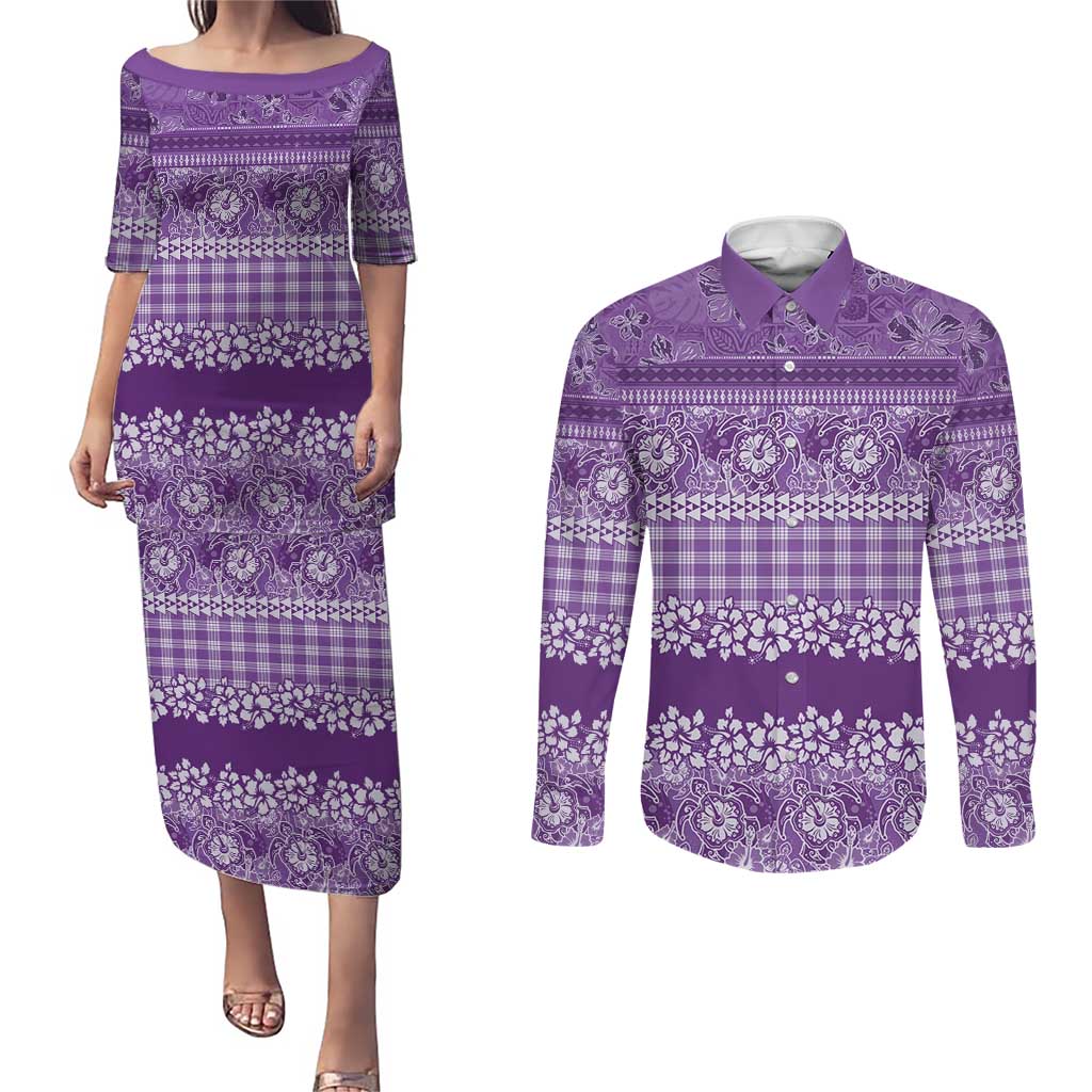 Hawaiian Hibiscus Honu Couples Matching Puletasi and Long Sleeve Button Shirt Purple Mele Kalikimaka Palaka Spirit - Polynesian Pride