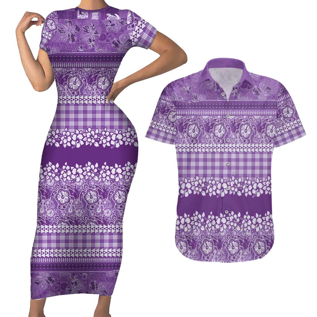 Hawaiian Hibiscus Honu Couples Matching Short Sleeve Bodycon Dress and Hawaiian Shirt Purple Mele Kalikimaka Palaka Spirit - Polynesian Pride