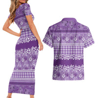 Hawaiian Hibiscus Honu Couples Matching Short Sleeve Bodycon Dress and Hawaiian Shirt Purple Mele Kalikimaka Palaka Spirit LT9 - Polynesian Pride