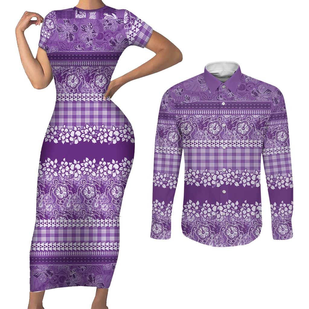 Hawaiian Hibiscus Honu Couples Matching Short Sleeve Bodycon Dress and Long Sleeve Button Shirt Purple Mele Kalikimaka Palaka Spirit - Polynesian Pride