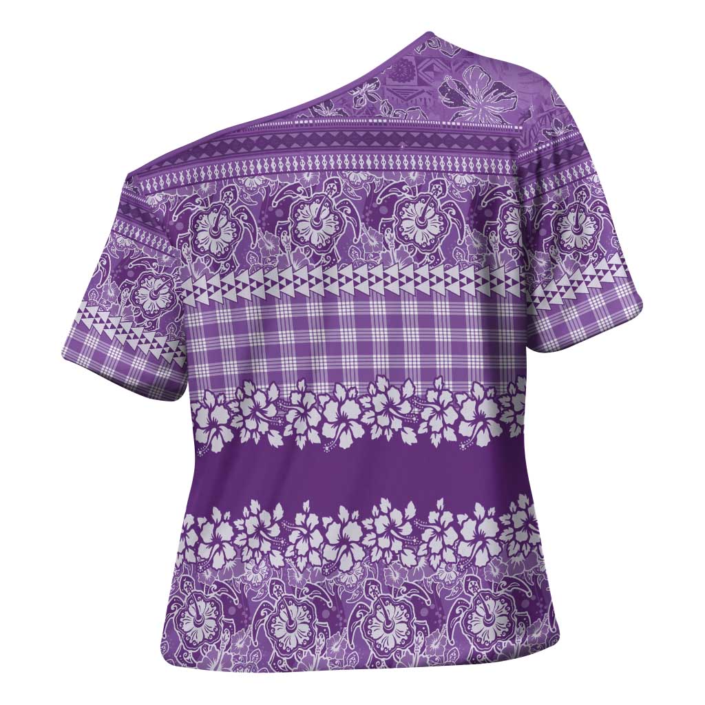 Hawaiian Hibiscus Honu Cross Shoulder Shirt Purple Mele Kalikimaka Palaka Spirit - Polynesian Pride