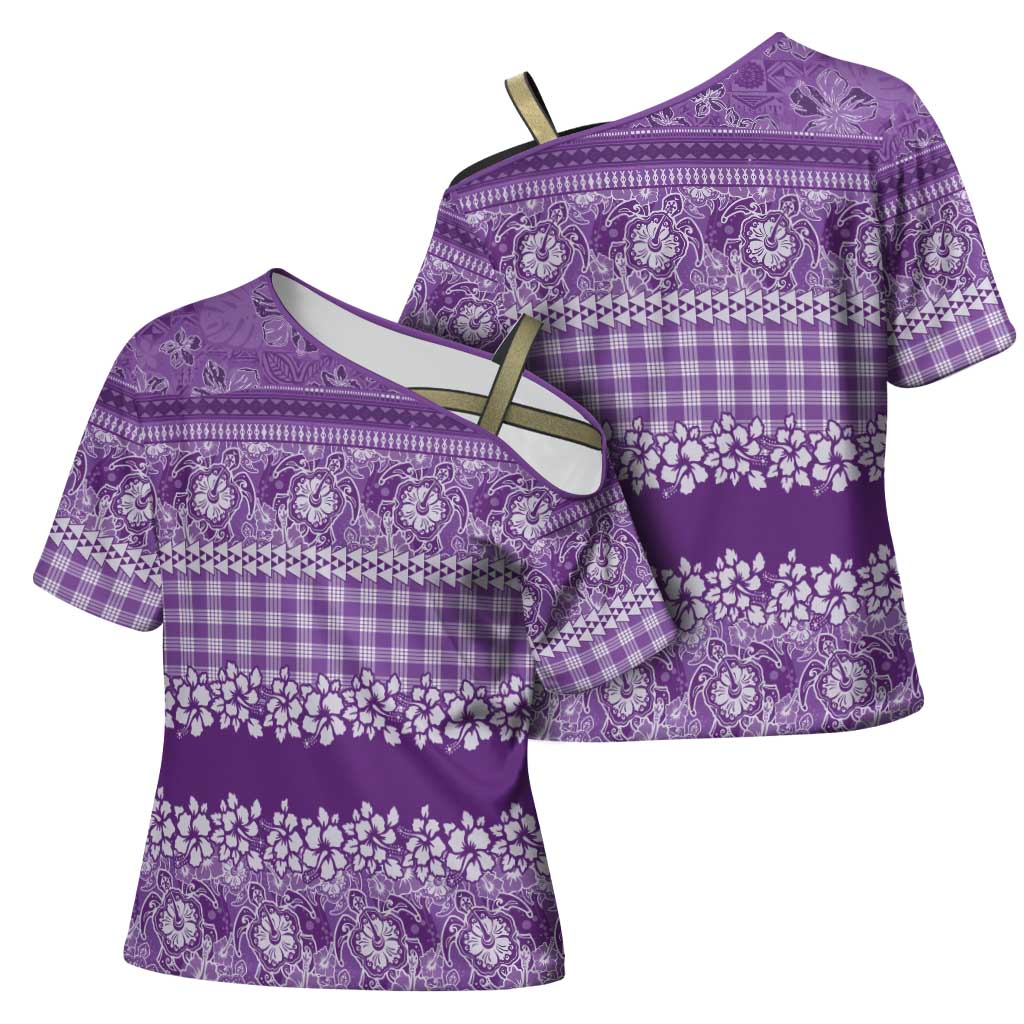Hawaiian Hibiscus Honu Cross Shoulder Shirt Purple Mele Kalikimaka Palaka Spirit - Polynesian Pride