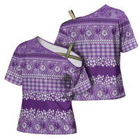 Hawaiian Hibiscus Honu Cross Shoulder Shirt Purple Mele Kalikimaka Palaka Spirit - Polynesian Pride
