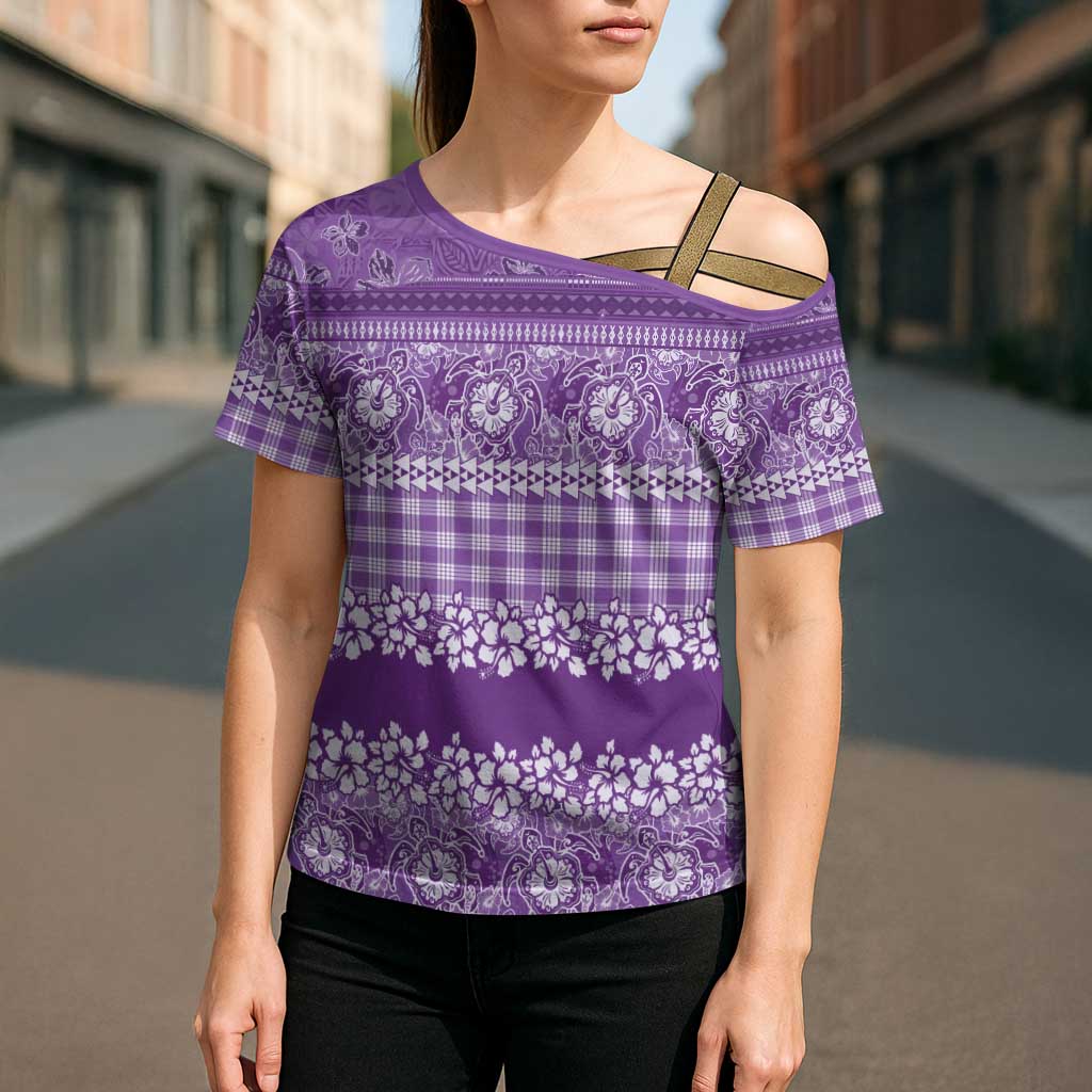 Hawaiian Hibiscus Honu Cross Shoulder Shirt Purple Mele Kalikimaka Palaka Spirit - Polynesian Pride
