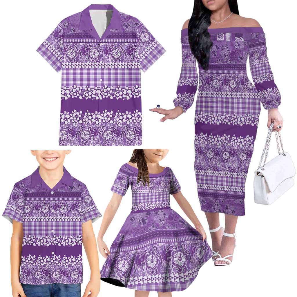 Hawaiian Hibiscus Honu Family Matching Off The Shoulder Long Sleeve Dress and Hawaiian Shirt Purple Mele Kalikimaka Palaka Spirit LT9 - Polynesian Pride