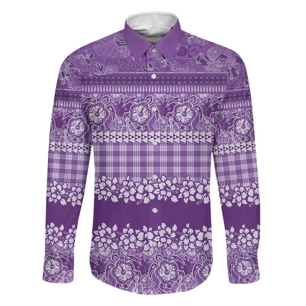 Hawaiian Hibiscus Honu Family Matching Puletasi and Hawaiian Shirt Purple Mele Kalikimaka Palaka Spirit LT9 Dad's Shirt - Long Sleeve Purple - Polynesian Pride