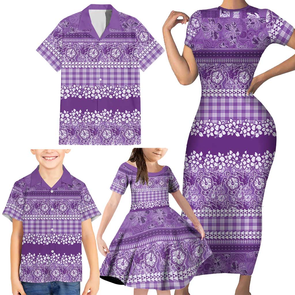 Hawaiian Hibiscus Honu Family Matching Short Sleeve Bodycon Dress and Hawaiian Shirt Purple Mele Kalikimaka Palaka Spirit - Polynesian Pride