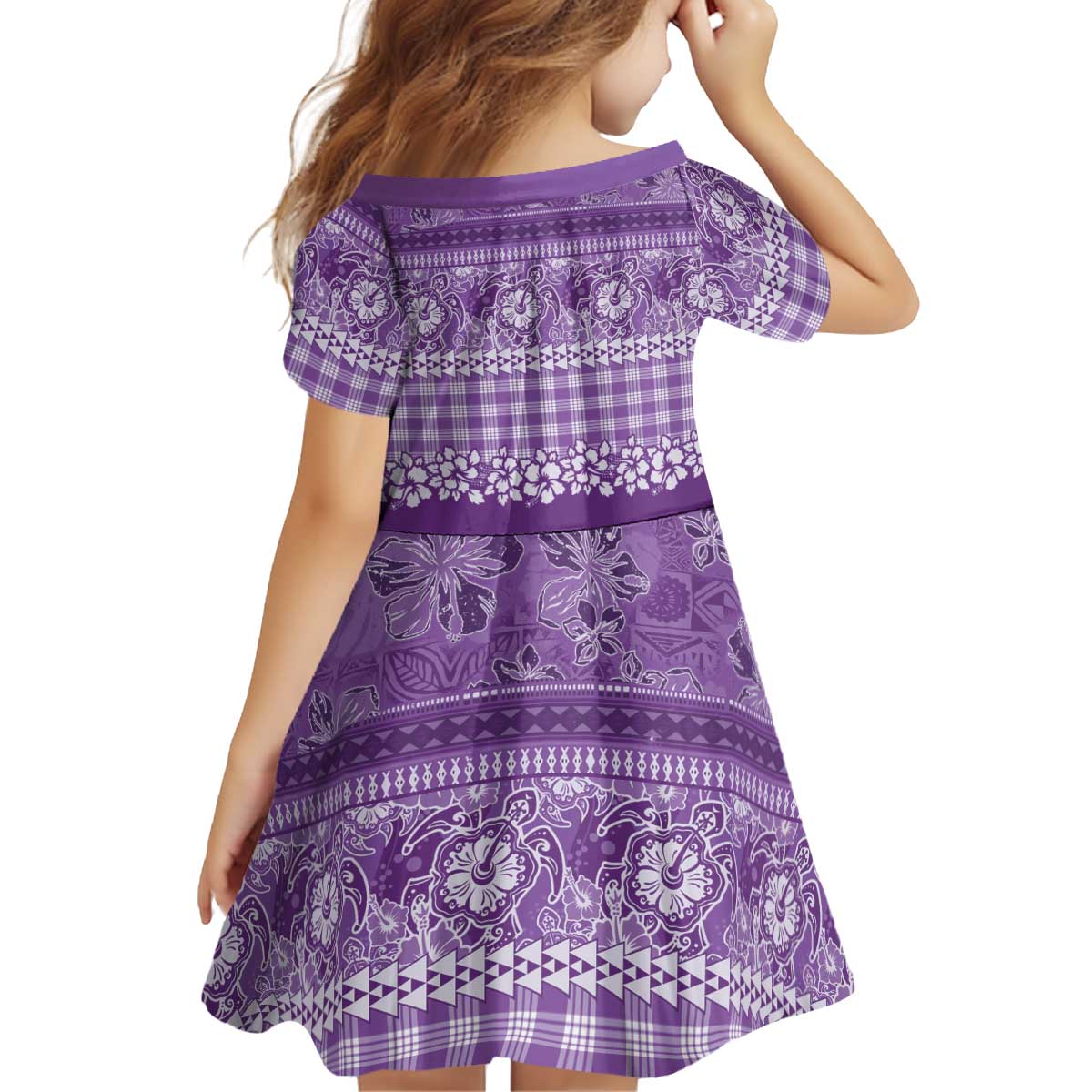 Hawaiian Hibiscus Honu Kid Short Sleeve Dress Purple Mele Kalikimaka Palaka Spirit - Polynesian Pride