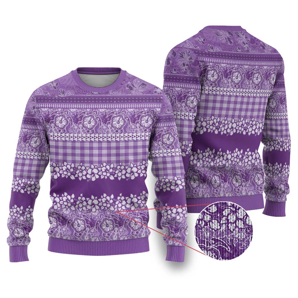 Hawaiian Hibiscus Honu Ugly Christmas Sweater Purple Mele Kalikimaka Palaka Spirit - Polynesian Pride
