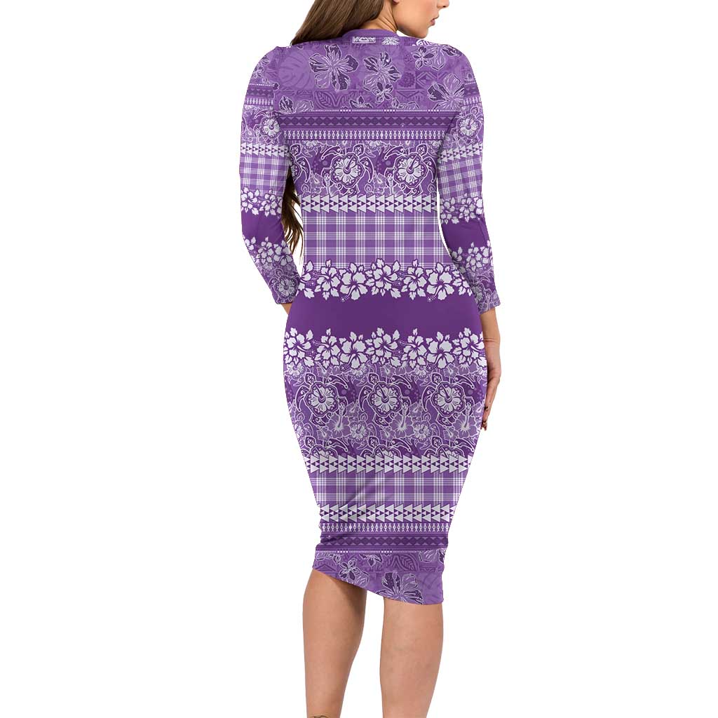 Hawaiian Hibiscus Honu Long Sleeve Bodycon Dress Purple Mele Kalikimaka Palaka Spirit - Polynesian Pride