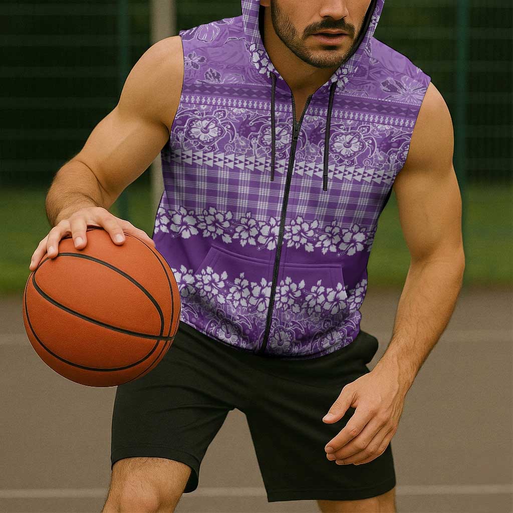 Hawaiian Hibiscus Honu Sleeveless Zip Hoodie Purple Mele Kalikimaka Palaka Spirit - Polynesian Pride