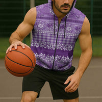 Hawaiian Hibiscus Honu Sleeveless Zip Hoodie Purple Mele Kalikimaka Palaka Spirit - Polynesian Pride