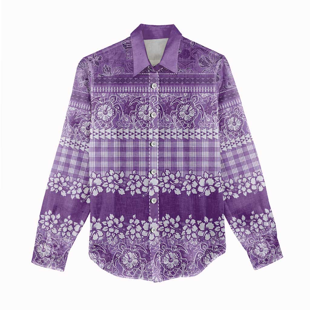 Hawaiian Hibiscus Honu Women Casual Shirt Purple Mele Kalikimaka Palaka Spirit LT9 - Polynesian Pride