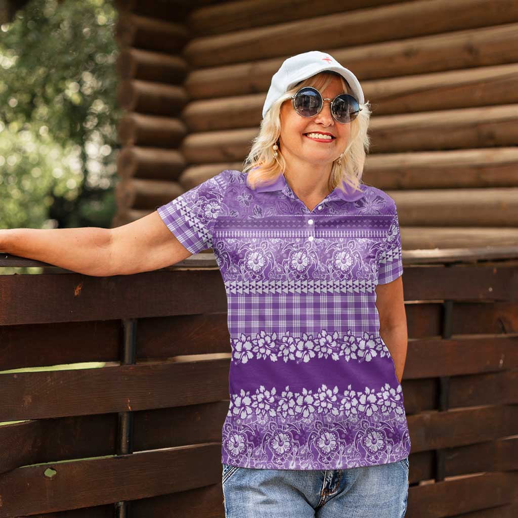 Hawaiian Hibiscus Honu Women Polo Shirt Purple Mele Kalikimaka Palaka Spirit LT9 - Polynesian Pride
