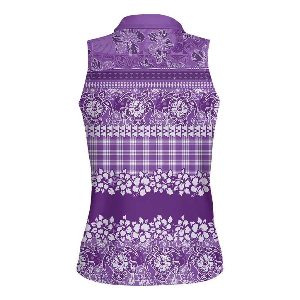 Hawaiian Hibiscus Honu Women Sleeveless Polo Shirt Purple Mele Kalikimaka Palaka Spirit LT9 - Polynesian Pride