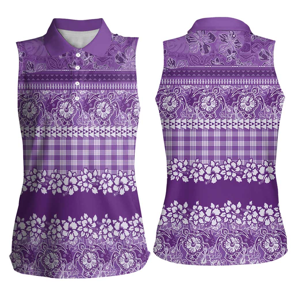 Hawaiian Hibiscus Honu Women Sleeveless Polo Shirt Purple Mele Kalikimaka Palaka Spirit LT9 - Polynesian Pride