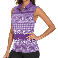Hawaiian Hibiscus Honu Women Sleeveless Polo Shirt Purple Mele Kalikimaka Palaka Spirit LT9 - Polynesian Pride
