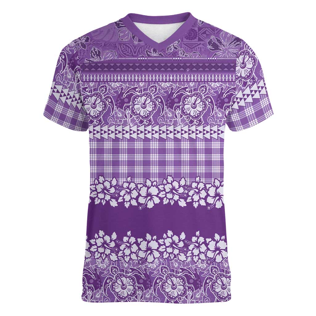 Hawaiian Hibiscus Honu Women V-Neck T-Shirt Purple Mele Kalikimaka Palaka Spirit - Polynesian Pride