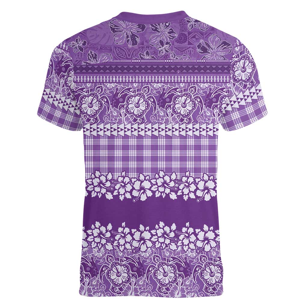 Hawaiian Hibiscus Honu Women V-Neck T-Shirt Purple Mele Kalikimaka Palaka Spirit LT9 - Polynesian Pride