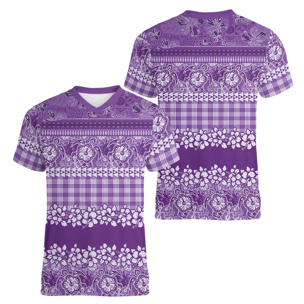 Hawaiian Hibiscus Honu Women V-Neck T-Shirt Purple Mele Kalikimaka Palaka Spirit LT9 - Polynesian Pride