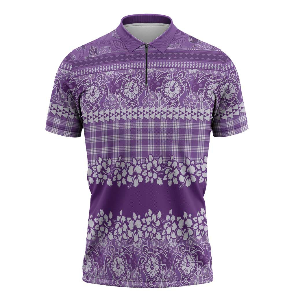Hawaiian Hibiscus Honu Zipper Polo Shirt Purple Mele Kalikimaka Palaka Spirit - Polynesian Pride