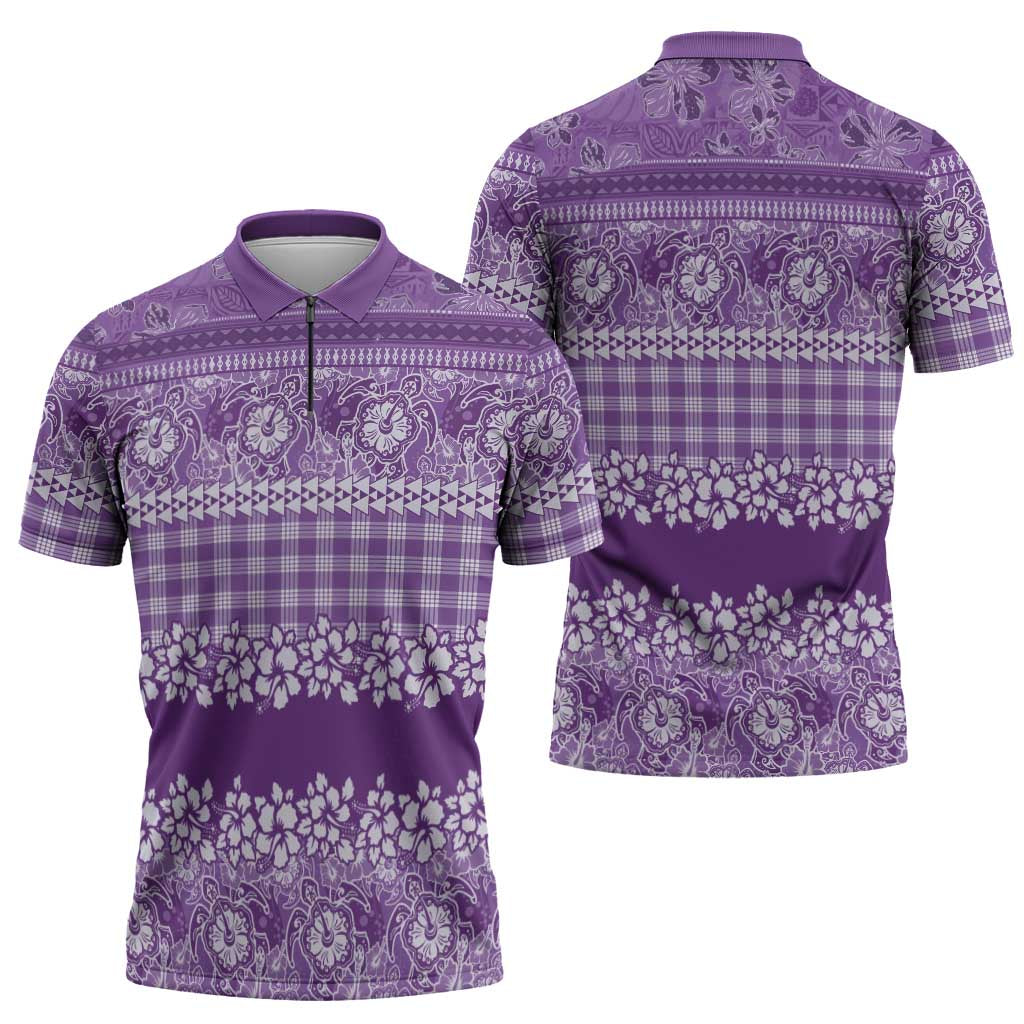 Hawaiian Hibiscus Honu Zipper Polo Shirt Purple Mele Kalikimaka Palaka Spirit - Polynesian Pride