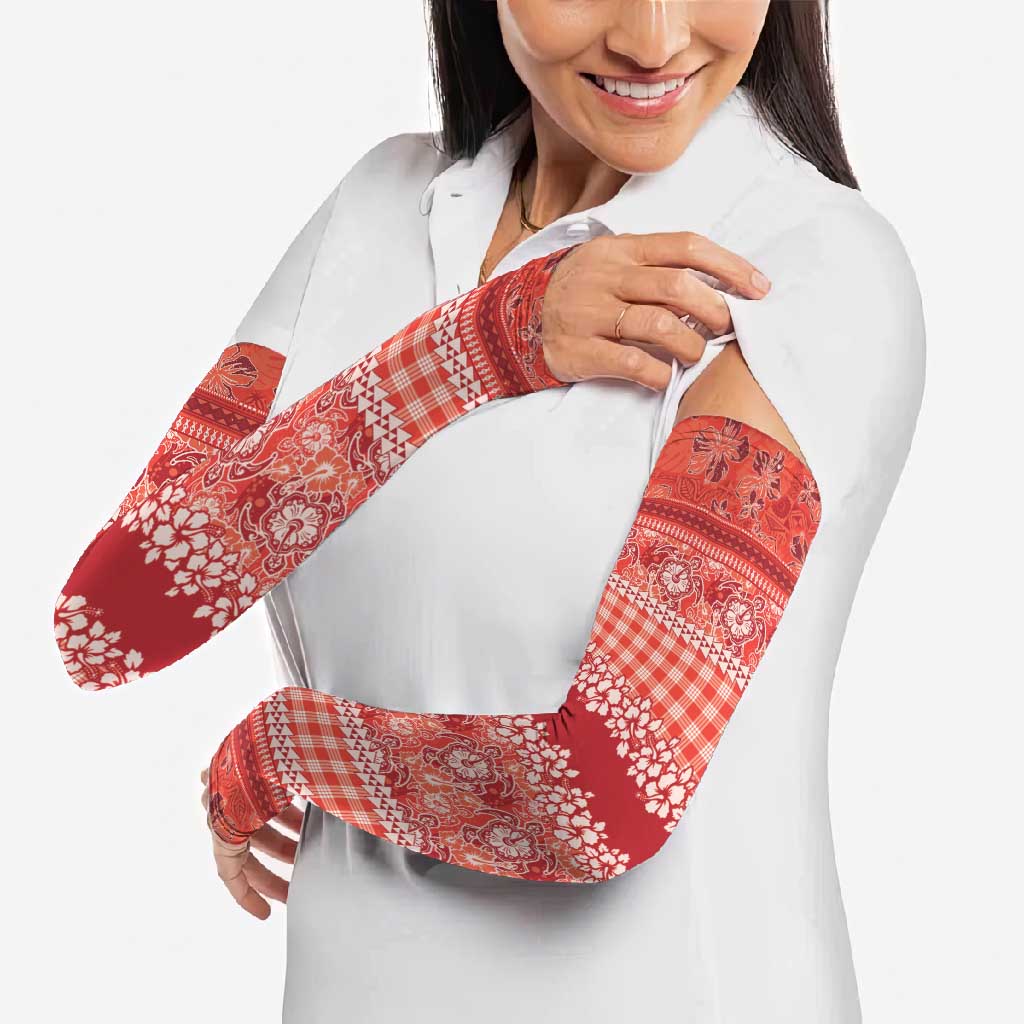 Hawaiian Hibiscus Honu Arm Sleeves Red Mele Kalikimaka Palaka Spirit - Polynesian Pride