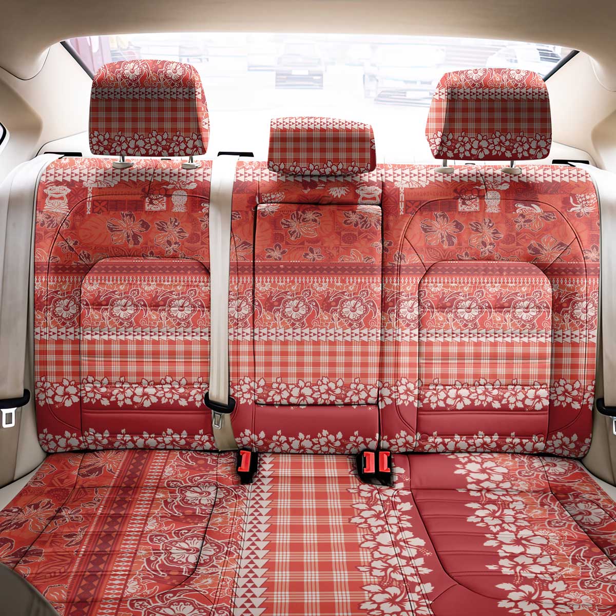 Hawaiian Hibiscus Honu Back Car Seat Cover Red Mele Kalikimaka Palaka Spirit LT9 - Polynesian Pride