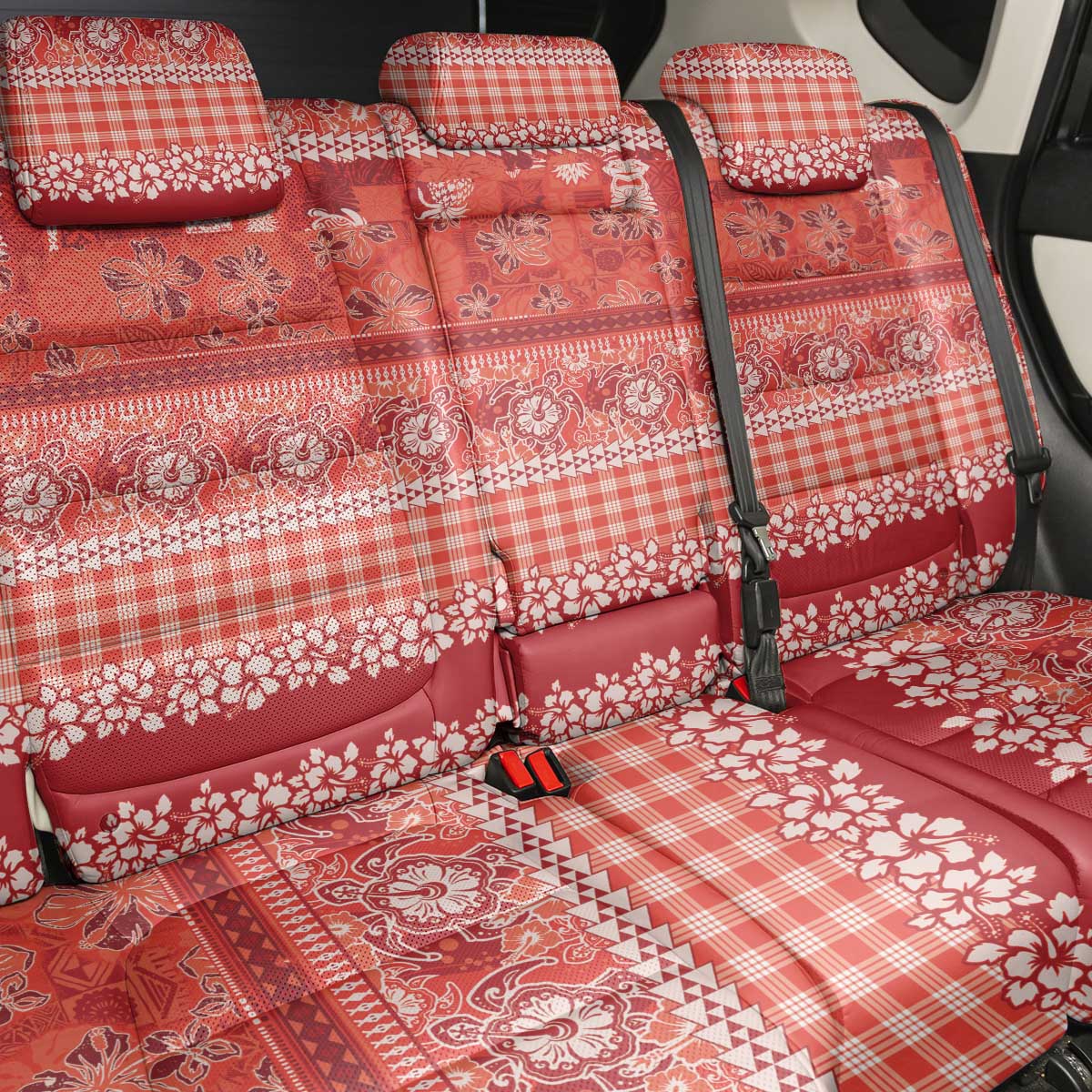 Hawaiian Hibiscus Honu Back Car Seat Cover Red Mele Kalikimaka Palaka Spirit LT9 - Polynesian Pride