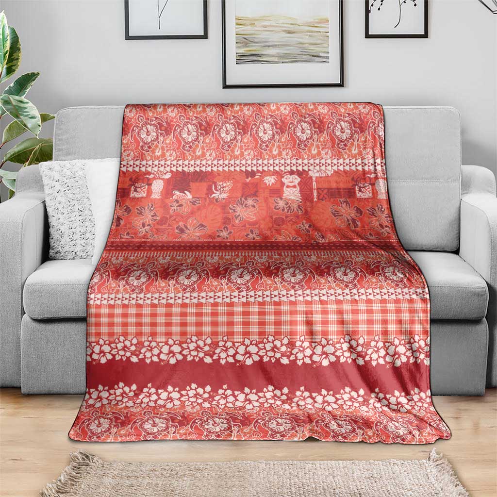 Hawaiian Hibiscus Honu Blanket Red Mele Kalikimaka Palaka Spirit - Polynesian Pride