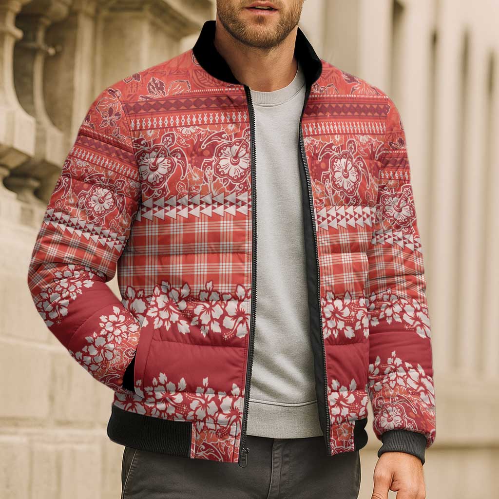 Hawaiian Hibiscus Honu Bomber Puffer Jacket Red Mele Kalikimaka Palaka Spirit - Polynesian Pride