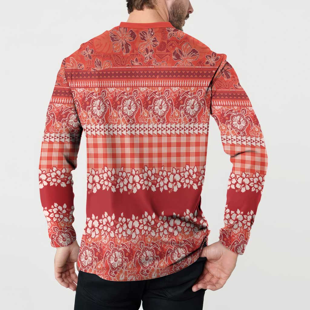 Hawaiian Hibiscus Honu Button Sweatshirt Red Mele Kalikimaka Palaka Spirit - Polynesian Pride
