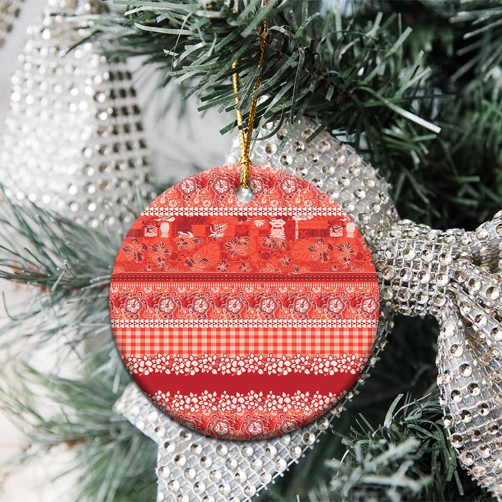 Hawaiian Hibiscus Honu Ceramic Ornament Red Mele Kalikimaka Palaka Spirit - Polynesian Pride