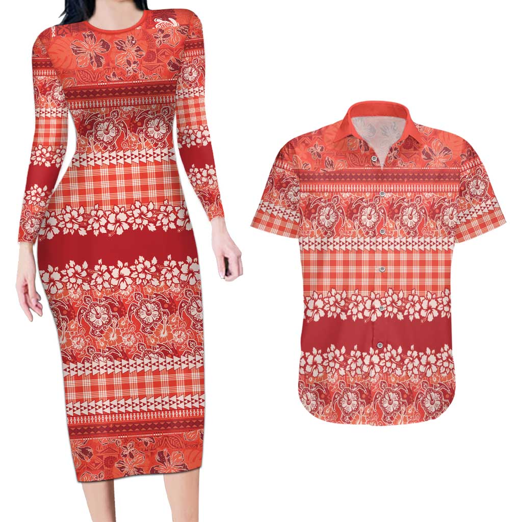 Hawaiian Hibiscus Honu Couples Matching Long Sleeve Bodycon Dress and Hawaiian Shirt Red Mele Kalikimaka Palaka Spirit - Polynesian Pride