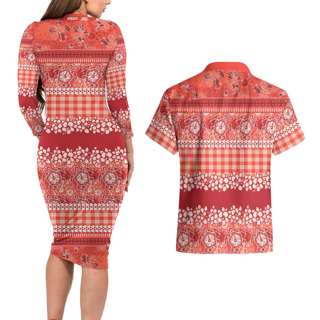 Hawaiian Hibiscus Honu Couples Matching Long Sleeve Bodycon Dress and Hawaiian Shirt Red Mele Kalikimaka Palaka Spirit LT9 - Polynesian Pride