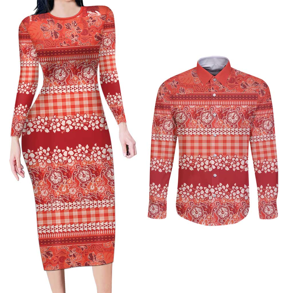 Hawaiian Hibiscus Honu Couples Matching Long Sleeve Bodycon Dress and Long Sleeve Button Shirt Red Mele Kalikimaka Palaka Spirit LT9 Red - Polynesian Pride