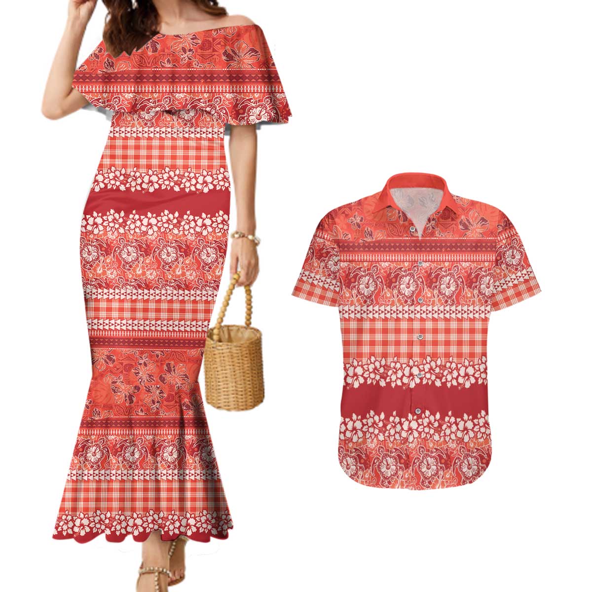 Hawaiian Hibiscus Honu Couples Matching Mermaid Dress and Hawaiian Shirt Red Mele Kalikimaka Palaka Spirit LT9 Red - Polynesian Pride