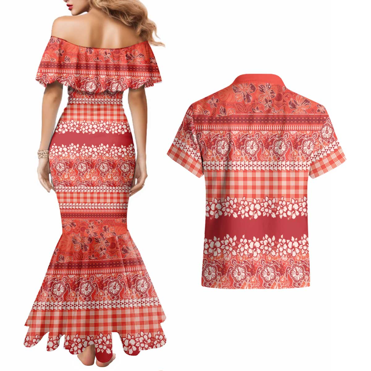 Hawaiian Hibiscus Honu Couples Matching Mermaid Dress and Hawaiian Shirt Red Mele Kalikimaka Palaka Spirit LT9 - Polynesian Pride