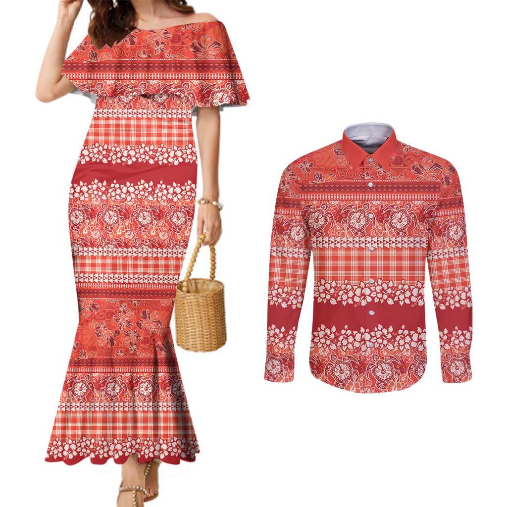 Hawaiian Hibiscus Honu Couples Matching Mermaid Dress and Long Sleeve Button Shirt Red Mele Kalikimaka Palaka Spirit - Polynesian Pride