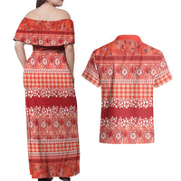 Hawaiian Hibiscus Honu Couples Matching Off Shoulder Maxi Dress and Hawaiian Shirt Red Mele Kalikimaka Palaka Spirit LT9 - Polynesian Pride
