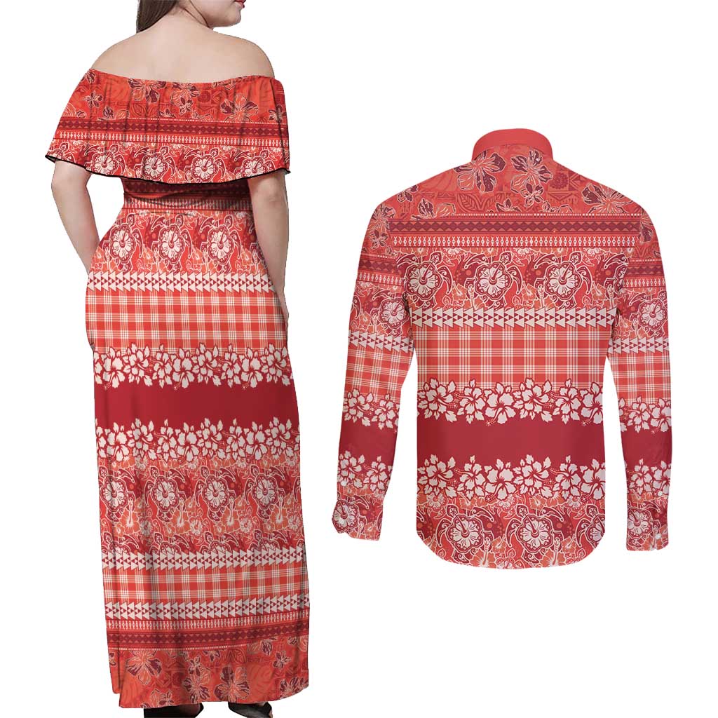 Hawaiian Hibiscus Honu Couples Matching Off Shoulder Maxi Dress and Long Sleeve Button Shirt Red Mele Kalikimaka Palaka Spirit - Polynesian Pride