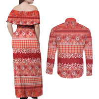 Hawaiian Hibiscus Honu Couples Matching Off Shoulder Maxi Dress and Long Sleeve Button Shirt Red Mele Kalikimaka Palaka Spirit - Polynesian Pride