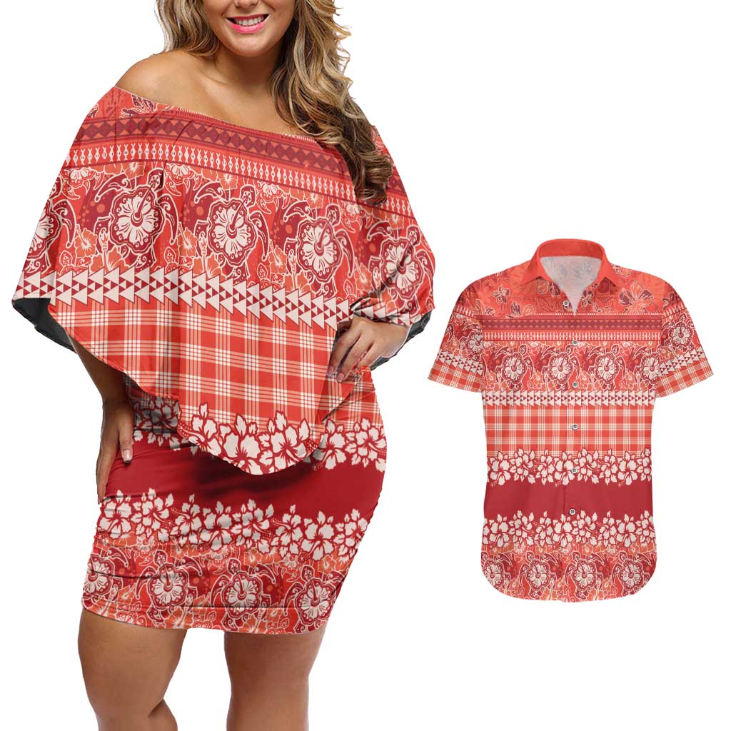 Hawaiian Hibiscus Honu Couples Matching Off Shoulder Short Dress and Hawaiian Shirt Red Mele Kalikimaka Palaka Spirit - Polynesian Pride