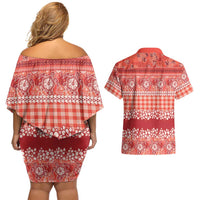 Hawaiian Hibiscus Honu Couples Matching Off Shoulder Short Dress and Hawaiian Shirt Red Mele Kalikimaka Palaka Spirit LT9 - Polynesian Pride