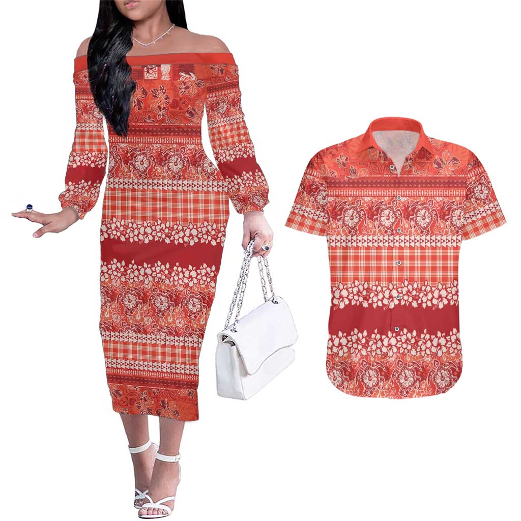Hawaiian Hibiscus Honu Couples Matching Off The Shoulder Long Sleeve Dress and Hawaiian Shirt Red Mele Kalikimaka Palaka Spirit - Polynesian Pride